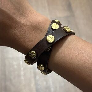 Tory Burch Leather Logo Studded Double Wrap Around Bracelet Adjustable Authentic